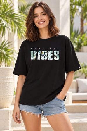 Asmedo T-Shirt - Kadın Tişört - Yazlık Vibes Baskılı, Kısa Kollu, Bisiklet Yaka, Penye Compack