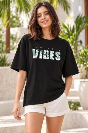 Asmedo T-Shirt - Kadın Tişört - Yazlık Vibes Baskılı, Kısa Kollu, Bisiklet Yaka, Penye Compack