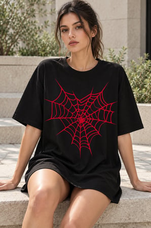 Asmedo T-Shirt - Kadın Oversize Tişört - Örümcek Ağ Baskılı, Kısa Kollu, Bisiklet Yaka, Penye Compac