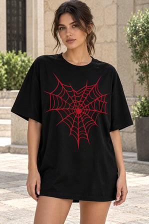 Asmedo T-Shirt - Kadın Oversize Tişört - Örümcek Ağ Baskılı, Kısa Kollu, Bisiklet Yaka, Penye Compac