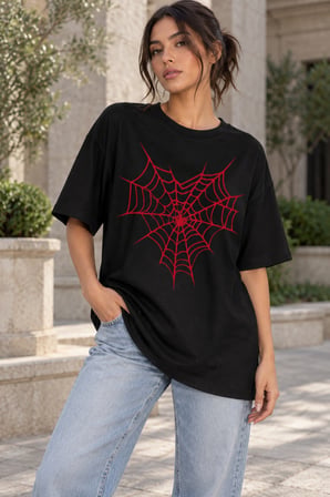 Asmedo T-Shirt - Kadın Oversize Tişört - Örümcek Ağ Baskılı, Kısa Kollu, Bisiklet Yaka, Penye Compac