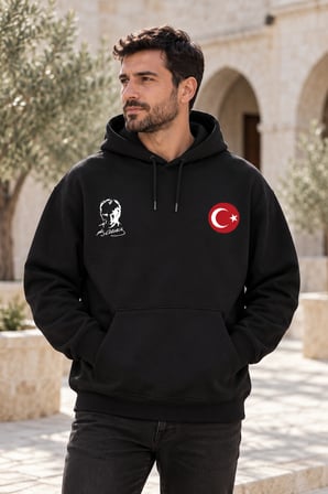 Asmedo Sweatshirt - 10 Kasıma Özel Baskılı, Kapüşonlu, 3 İplik, İplik İçi Pamuklu
