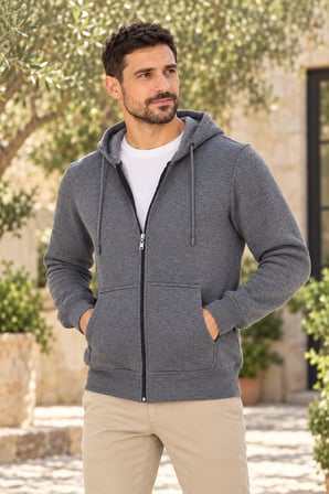 Asmedo Erkek Sweatshirt - Pamuklu Tam Fermuarlı Cepli, Kapüşonlu, 3 İplik, İplik Penye içi Pamuk Şar