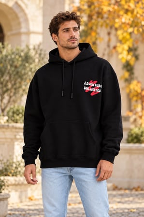 Asmedo Erkek Oversize Sweatshirt - Pamuklu Baskılı Cepli, Kapüşonlu, 3 İplik