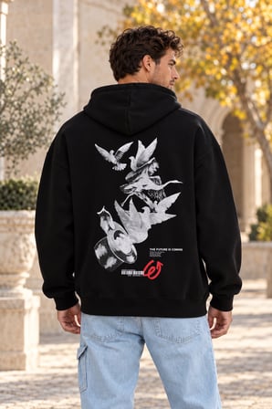 Asmedo Erkek Oversize Sweatshirt - Pamuklu Baskılı Cepli, Kapüşonlu, 3 İplik