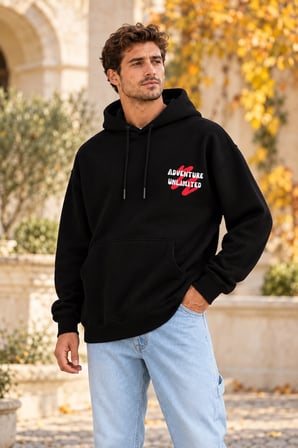 Asmedo Erkek Oversize Sweatshirt - Pamuklu Baskılı Cepli, Kapüşonlu, 3 İplik