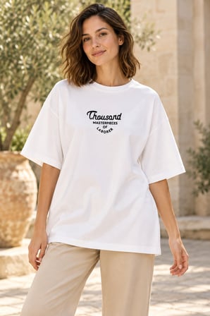Asmedo T-Shirt - Kadın Oversize Tişört - Baskılı Yazlık, Kısa Kollu, Bisiklet Yaka, Penye Compack