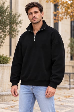 Asmedo Erkek Sweatshirt - Yarım Fermuarlı Üç İplik, İplik İçi Pamuklu