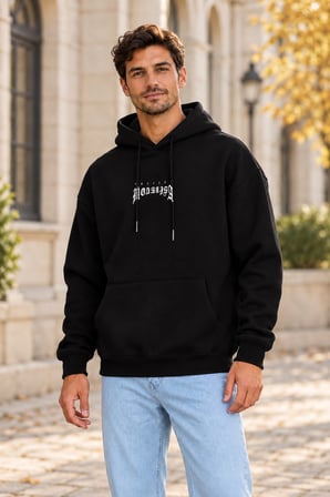 Asmedo Erkek Sweatshirt - Baskılı Ve - Siyah, Kapüşonlu, Kanguru Cepli, Üç iplik içi Pamuklu