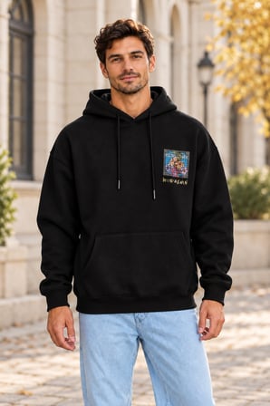 Asmedo Erkek Oversize Sweatshirt - Pamuklu Baskılı Cepli, Kapüşonlu, 3 İplik