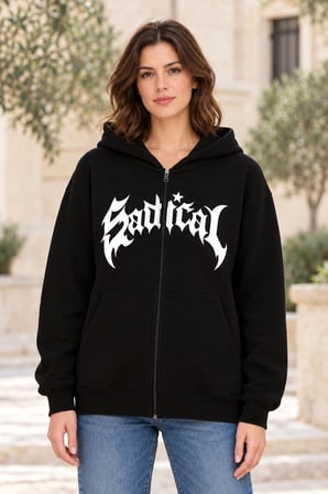 Asmedo Hırka - Kadın Oversize Sweatshirt - Önü Baskılı Fermuarlı, Kapüşonlu, Şardonlu, 3 İplik