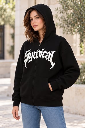 Asmedo Hırka - Kadın Oversize Sweatshirt - Önü Baskılı Fermuarlı, Kapüşonlu, Şardonlu, 3 İplik