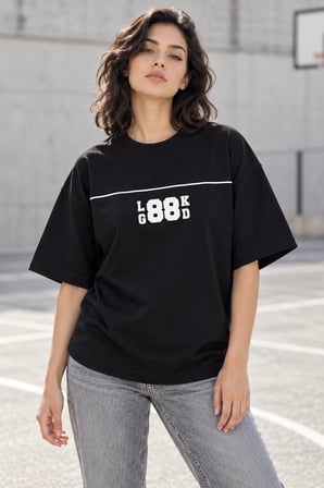 Asmedo T-Shirt - Kadın Oversize Tişört - Baskılı Rahat Kalıp Günlük, Kısa Kollu, Bisiklet Yaka, Peny