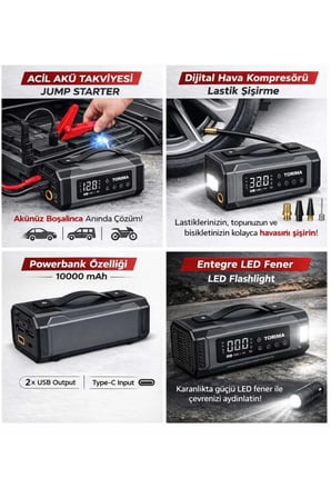 JUMP STARTER CAR AİR PUMP AKÜ TAKVİYE CİHAZI LASTİK ŞİŞİRME POMPASI LED IŞIKLI POWERBANK