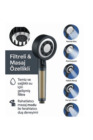 Filtreli 5 Fonksiyonlu Krom Yüksek Basınçlı Masajlı Ayarlanabilir Duş Başlığı