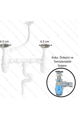 Taslı Çift Gözlü Taşmalı Körüklü Sifon | Dik Taşmalı, Koku Önleyici, Esnek Bağlantılı Lavabo Sifonu
