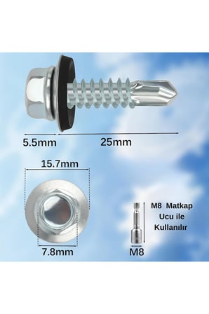Trapez Çatı Vidası 5.5x25 mm 50 Adet Matkap Uçlu Sac Akıllı Vida Çatı Panel Metal Ağaç