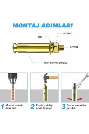 M8x75 Gömlekli Çelik Dübel 5 Adet Raf Montaj Bağlantı Zemin Tavan Asma Saplamalı