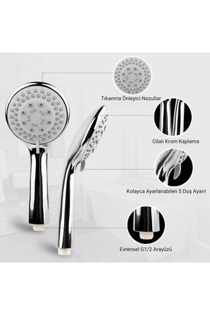 Yüksek Basınçlı Duş Seti 150 cm Çelik Hortumlu Masajlı Filtreli Evrensel Banyo Seti