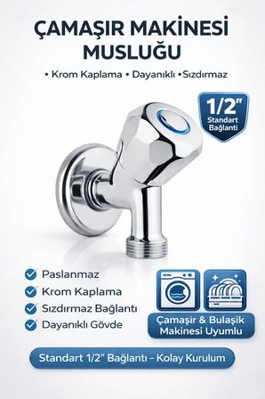 Çamaşır Makinesi Musluğu 1/2'' Krom Pirinç Dayanıklı Sızdırmaz Bulaşık Makinesi Uyumlu