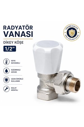Pirinç Radyatör Vanası Dikey Köşe 1/2 İnç Beyaz Başlıklı Kalorifer Petek Vanası 1 Adet