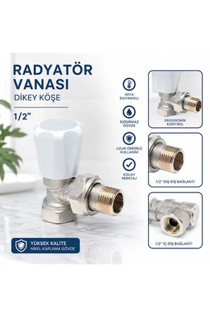 Pirinç Radyatör Vanası Dikey Köşe 1/2 İnç Beyaz Başlıklı Kalorifer Petek Vanası 5 Adet