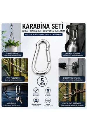 5 Adet Metal Karabina Kancası Seti – Yaylı Kilitli Çok Amaçlı Bağlantı ve Askı Aparatı