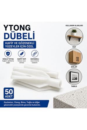 50 Adet Ytong Dübeli – Gazbeton, Bims ve Gözenekli Yüzeyler İçin Güçlü Tutuşlu Plastik Dübel