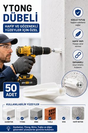 50 Adet Ytong Dübeli – Gazbeton, Bims ve Gözenekli Yüzeyler İçin Güçlü Tutuşlu Plastik Dübel