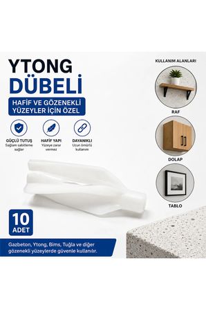 10 Adet Ytong Dübeli – Gazbeton, Bims ve Gözenekli Yüzeyler İçin Güçlü Tutuşlu Plastik Dübel