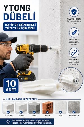 10 Adet Ytong Dübeli – Gazbeton, Bims ve Gözenekli Yüzeyler İçin Güçlü Tutuşlu Plastik Dübel