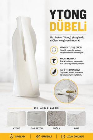 10 Adet Ytong Dübeli – Gazbeton, Bims ve Gözenekli Yüzeyler İçin Güçlü Tutuşlu Plastik Dübel