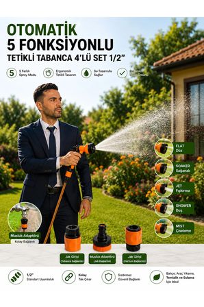 Otomatik 5 Fonksiyonlu Tetikli Bahçe Sulama Tabancası 4'lü Set 1/2" – Musluk Adaptörü + 2 Adet Jak Girişi | Bahçe, Araç ve Temizlik İçin