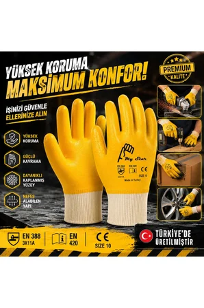 My Star Sarı Nitril Kaplı İş Eldiveni 15G Naylon Örme Beden 10 Kaymaz Dayanıklı Profesyonel
