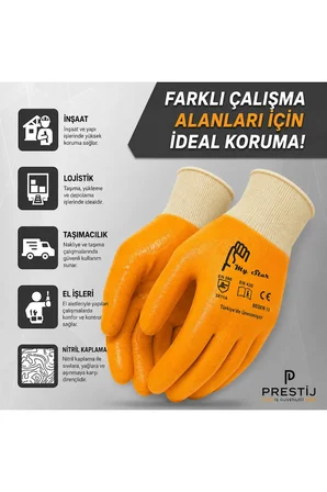 My Star Sarı Nitril Kaplı İş Eldiveni 15G Naylon Örme Beden 10 Kaymaz Dayanıklı Profesyonel