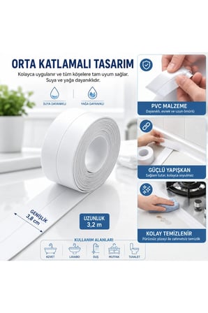 3,2M Su Geçirmez Sızdırmazlık Bandı Küvet Lavabo Duş Mutfak Kenar Bandı Yapışkanlı PVC