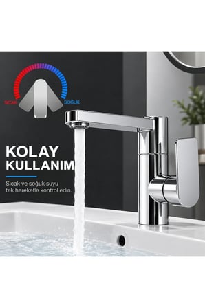 Krom Lavabo Bataryası 360° Döner Gövde Seramik Kartuşlu Tek Kumandalı Şık Tasarım