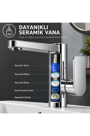 Krom Lavabo Bataryası 360° Döner Gövde Seramik Kartuşlu Tek Kumandalı Şık Tasarım