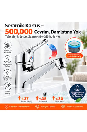 Krom Sabit Lavabo Bataryası Seramik Kartuş Su Tasarruflu Tek Kumandalı Banyo Musluğu