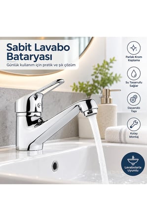 Krom Sabit Lavabo Bataryası Seramik Kartuş Su Tasarruflu Tek Kumandalı Banyo Musluğu