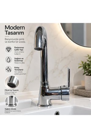 Krom Lavabo Bataryası 360° Döner Gövdeli Tek Kollu Lavabo Musluğu Şık Modern Tasarım