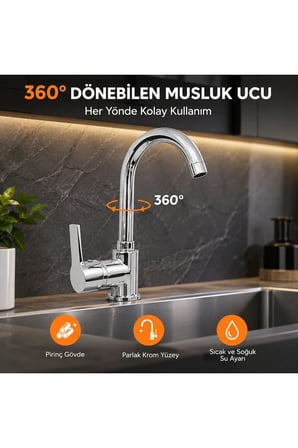 Krom Lavabo Bataryası 360° Döner Gövdeli Tek Kollu Lavabo Musluğu Şık Modern Tasarım