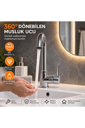 Krom Lavabo Bataryası 360° Döner Gövdeli Tek Kollu Lavabo Musluğu Şık Modern Tasarım