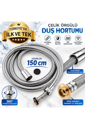 Çelik Flex Sargılı Duş Hortumu 150 cm Paslanmaz Çelik Örgülü 360° Döner Sistem ½"