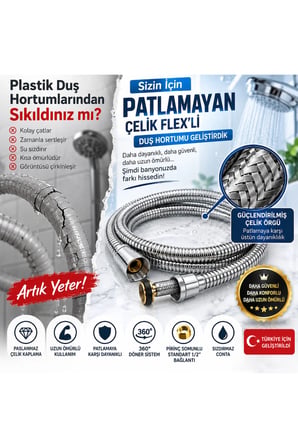 Çelik Flex Sargılı Duş Hortumu 150 cm Paslanmaz Çelik Örgülü 360° Döner Sistem ½"