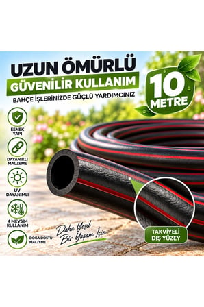 10 Metre Bahçe Hortumu Esnek Dayanıklı Sulama Hortumu 1/2 İnç Su Hortumu