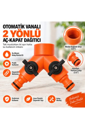 Otomatik Vanalı 2 Yönlü Hortum Dağıtıcı 3/4 Musluk Girişi 1/2 Çıkışlı Bahçe Sulama Aç Kapat