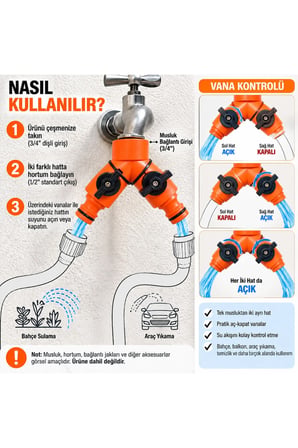 Otomatik Vanalı 2 Yönlü Hortum Dağıtıcı 3/4 Musluk Girişi 1/2 Çıkışlı Bahçe Sulama Aç Kapat