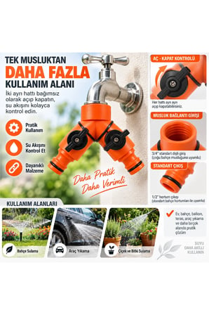 Otomatik Vanalı 2 Yönlü Hortum Dağıtıcı 3/4 Musluk Girişi 1/2 Çıkışlı Bahçe Sulama Aç Kapat