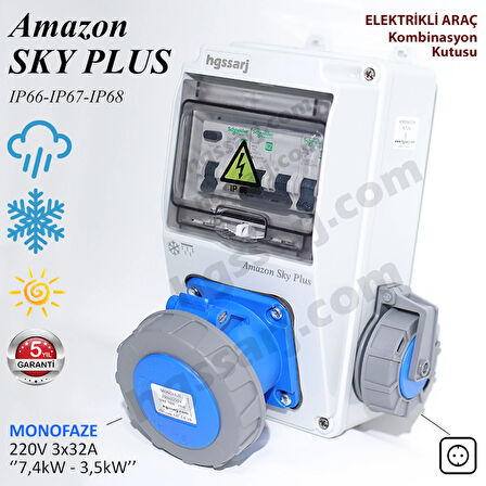 Amazon SKY PLUS, IP66-IP67-IP68, Monofaze Elektrikli Araç Kombinasyon Kutusu, Tesla Blue Adaptöre Uyumlu, + Kaçak Akım Röle, 3x32A + 1x16A - Sigorta Markası Seçeneği - 5 Yıl Garanti
